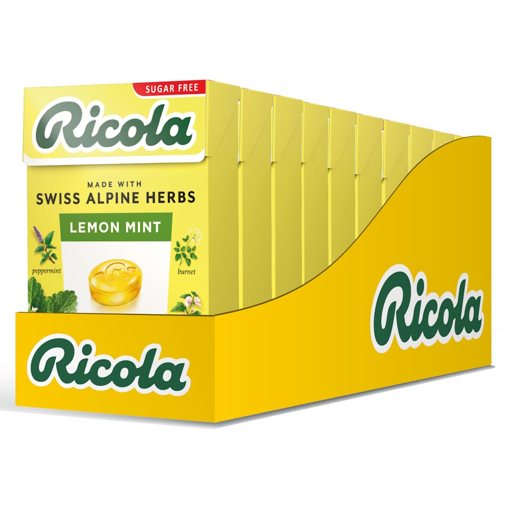 Ricola Lemon Mint Sugar Free Swiss Herbal Sweets, Herb Drops, Sweet Box 45g - Pack of 10 Boxes