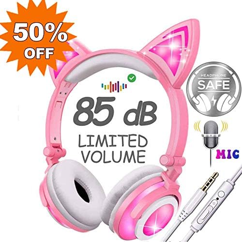 Glowing Cat Ear Kids Headphones for Girls Boys Toddler, 85dB Volume Limited Microphone Full LED Light Up Wired Foldable…