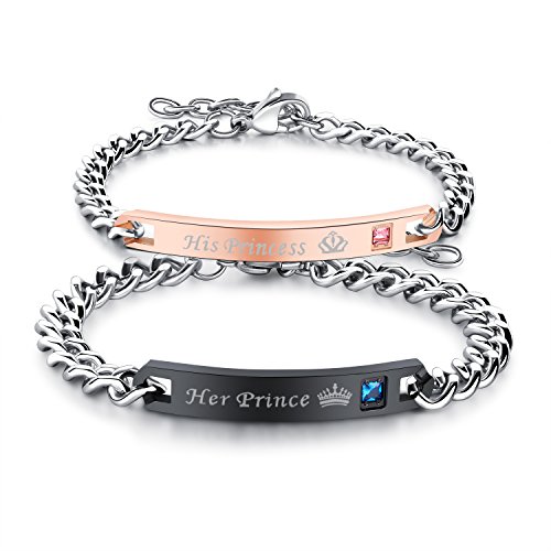 Cupimatch 2pcs Couple Bracelets, Stainless Steel Loving Bangle Bracelet with Engraved His Princess Her Prince for Lover Ladies Mens, Rose Gold Silver Black … — image 1