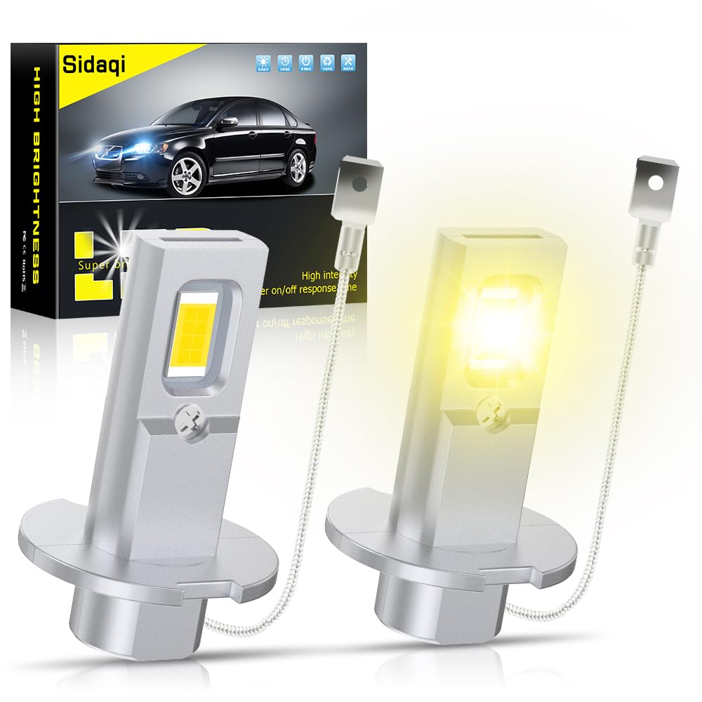 Photo 1 of Sidaqi H3 LED Fog Light Bulbs 3000K Yellow 12V 12000LM Super Bright 16-SMD 3570 Chips Plug and Play H3 LED Bulb Replacement for Car H3 Fog Light Daytime Running Lights DRL,Pack of 2