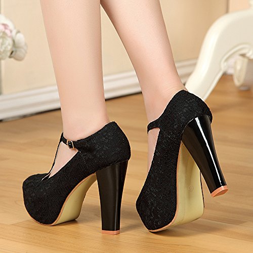getmorebeauty Women Black Block Mary Janes T-Strappy Lace Dress Wedding Shoes 5 B(M) US - Thumbnail 4