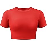 VOYJOY Womens Double Lined Fitted Short Sleeve Crop Tops Crew Neck Casual Workout T Shirts Cute Basic Tee