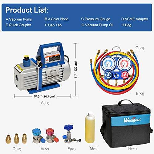 Wedigout AC Repair Tool Kit with 1-Stage 3.5 CFM Air Vacuum Pump and R410A AC Manifold Gauge Set for Mini Split/HVAC/AUTO AC Air Conditioning - Thumbnail 6