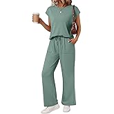 AUTOMET Women's 2 Piece Lounge Set Casual Cap Sleeve Top Wide Leg Pants Summer Vacation Outfits