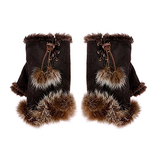 ZLYC Women Teen Classic Winter Warm Rabbit Fur Hands Wrist Fingerless Gloves Mittens Brown