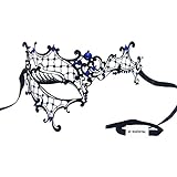 Signstek Glossy Metal Filigree Phantom Half Eye Mask for Venetian Masquerade, Black/Blue Stones