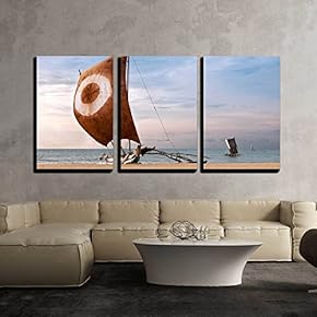 3 Piece Canvas Wall Art - Fishing Boat on The Sea Coast, Sri Lanka - Modern Home Art Stretched and Framed Ready to Hang - 16"x24"x3 Panels