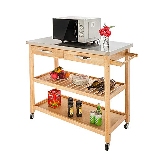 Leadzm Portable Kitchen Trolley Cart Rolling Island Cart Kitchen Storage Microwave Cart Multi-Storage Kitchen Shelf on Lockable Wheels,Workstation Shelf Kitchen Carts Dining Table w/Drawes,Burlywood