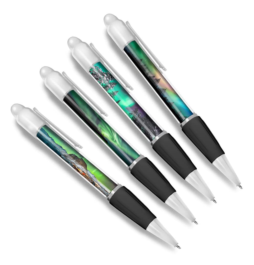 Set of 4 Northern Lights White Ballpoint Pens - Aurora Borealis Mountains Iceland Travel Friends Boys Girls Men Women Theme Pen #79361