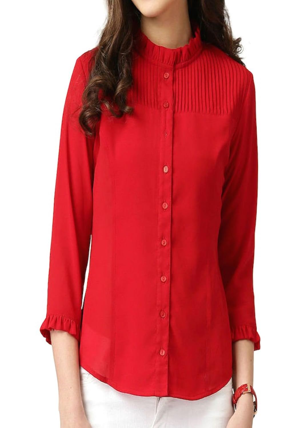 shopenl women's brocade and georgette ruffled 3/4th sleeves formal shirt