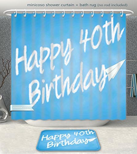 Aireeo Bathroom 2-Piece Suit 40th Birthday Decorations Celebration Theme Clouds in Blue Sky and Paper Plane Flying Print Blue White Shower Curtain And Bath Rug Set, 60" Wx71 H &amp; 23" Wx16 H