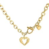 Jellecutte Chunky Gold Necklace For Women Toggle Clasp Double Heart Necklace Gold Plated Charm Necklace Statement Jewelry Present-gold heart