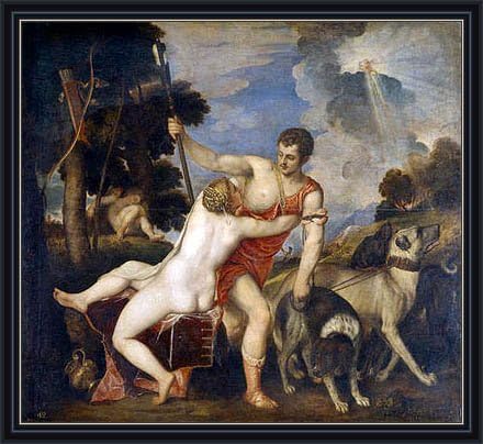 Titian (Venus and Adonis, c.1553/54) Canvas Art Print Reproduction Framed with 2.6" wide Black Frame and Gold Edge (25.4x28 in) (65x71 cm)