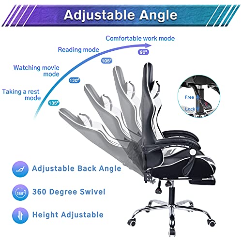 GTPLAYER Gaming Chair, Computer with Footrest and Lumbar Support Height Adjustable with 360°-Swivel Seat and Headrest for Office or Gaming (White)