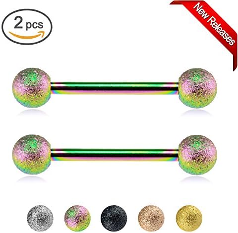 YILIN 14G 2-16PCS 316L Stainless Steel Sand Blasting Ball Tongue Nipple Shield Barbell Ring Bar Body Piercing Retainer (Rainbow Sand blasting ball)