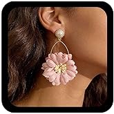 Jugielu Boho Fabric Flower Dangle Earrings Pink Floral Drop Earring Long Flower Pearl Earrings Bridal Large Floral Earring Exaggerated Petal Dangle Jewelry for Women