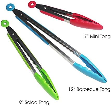 PREMIUM Silicone Kitchen Tongs set - 7 inch Mini Tongs - 9 inch Salad Tongs - and 12 inch BBQ Tongs - Stainless Steel Salad Tongs - Heat Resistant - Non-Stick Friendly - in Cherry, Green &amp; Blue.