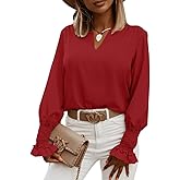 LYANER Women's V Neck Shirred Bell Long Sleeve Blouse Casual Tunic Top