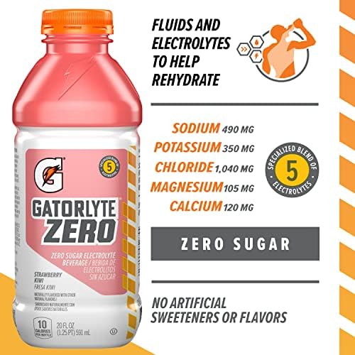 GATORLYTE ZERO ELECTROLYTE BEVERAGE, STRAWBERRY KIWI, ZERO SUGAR HYDRATION, SPECIALIZED BLEND OF 5 ELECTROLYTES, NO ARTIFICIAL SWEETENERS OR FLAVORS, 20 OZ BOTTLES (PACK OF 12)