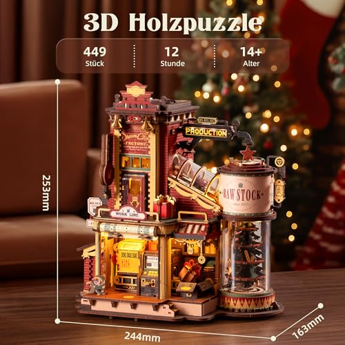 ROBOTIME 3D Holzpuzzle Geschenkfabrik Bausatz – Mechanisches Modell mit Musik & LED Licht, Retro Vintage Bastelset für Erwachsene & Jugendliche, EAB01