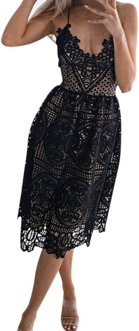 Vintage Lace Dresses PartyWomen Summer Sexy Sleeveless V-Neck Flower Crochet A-Line Formal Dress 