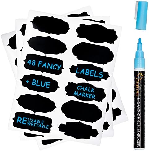 Chalkboard Labels Complete Bundle: 48 Fancy Stickers for jars + Blue Erasable Chalk Marker w/ Reversible Tip - Completely Reusable - Best for Organising Home and Office