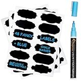Chalkboard Labels Complete Bundle: 48 Fancy Stickers for jars + Blue Erasable Chalk Marker w/ Reversible Tip - Completely Reusable - Best for Organising Home and Office