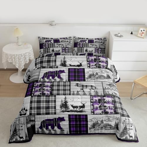 Erosebridal Plaid Bear Deer Comforter Set Rustic Cabin Bedding Set Twin Size Country Hunting Wildlife Bedding Comforter Sets for Kids Girls Adults Women Woodland Animal Quilt Set Purple Black Grey at Amazon