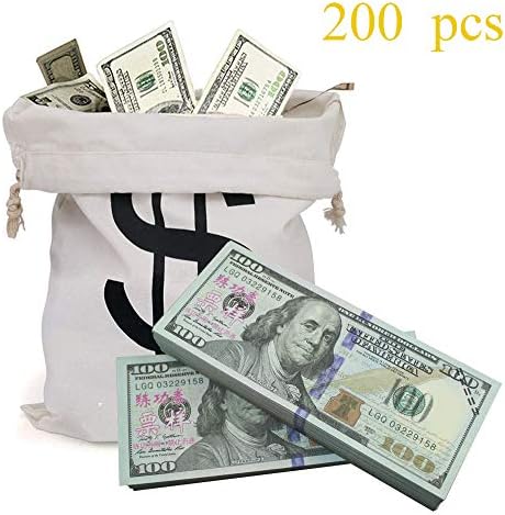 XDOWMO Prop Money,Replica and Copy Paper Play Money 200 Pcs and 1 Canvas Money Bag Dollar Double-Sided Printing for Pranks (200Pcs-$100)