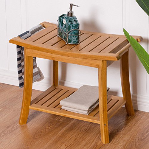 Bamboo Shower Seat Bench Bathroom Spa Bath Organizer Stool w/Storage Racks Shelf