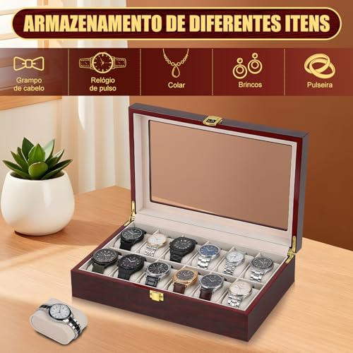 Caixa de Relógio com 12 Compartimentos, Caixa de Madeira para Relógios, Porta Relógio Masculino, Caixa de Relogio, Organizador Porta Relógio com Tampa de Vidro Grande