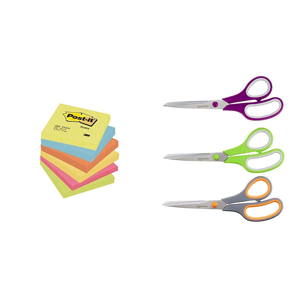 Amazon Basics 20 cm Titanium-Blade Soft-Grip Scissors, 3-Pack &Post-it 3M 654-TFEN 76 x 76 mm Notes, Energetic Colours, 6 Pads (100 Sheets Per Pad)