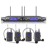 XTUGA EW240 UHF Rocket Audio 4 Channel Wireless Microphone System UHF Wireless Microphone System Metal Receiver with 4 bodapack for Stage Church Use for Family Party, Church, Small Karaoke Night