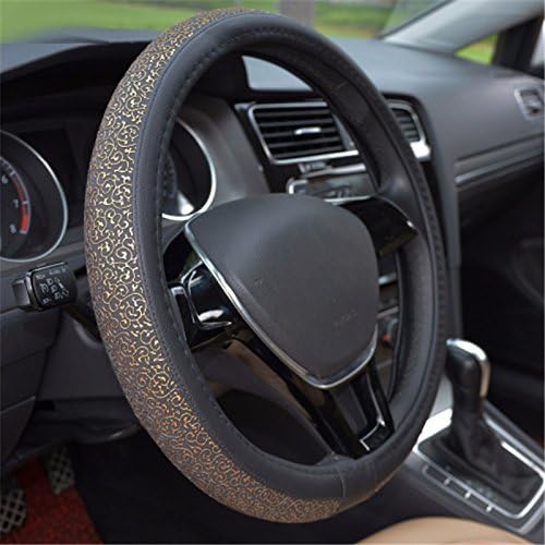 Diaoaokiss Car Steering Wheel Cover 38CM 15 inch Universal Skidproof PU Leather Viscose Carved Protect Steering Wheel Car Interior Accessories Fashion Car Steering Wheel Cover (Black&Gold)