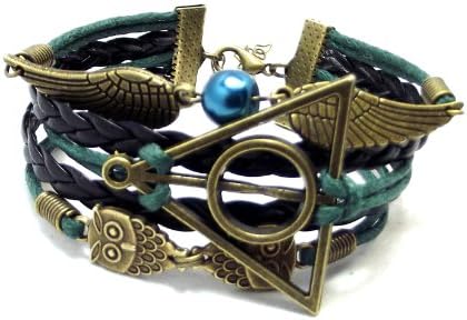 Made in USA(B-129) Leather Bracelet. Snitch Bracelet,Double Owls,Angel Wings &amp; friendship charm Bracelet