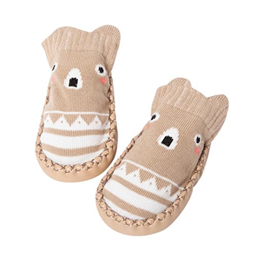 Baby Anti-Slip Slipper Socks ,Kintaz Kids Cute 3D Cartoon Cotton Moccasins Indoor Shoes Socks/Slippers Bell Shoes Boots for 0-24Month Baby (Khaki, Age:6-12M)