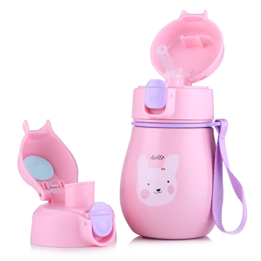 ONEISALL Cute Rabbit Stainless Steel Water Bottle Vacuum Insulated Drinking Bottle 2 Cap