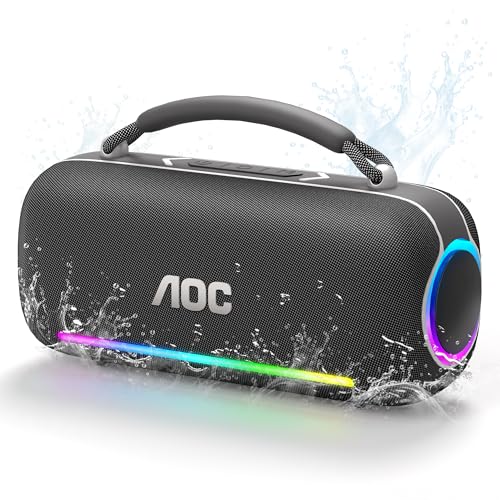 AOC ACS6311 Bocina Bluetooth Portatil 80W, Varias Luces RGB, Bluetooth 5.3 Altavoz Inalámbrico, Sonido Estéreo HD, 4000Mah Tiempo de Espera Ultralargo IPX5 función, Ideal para Viajar, Campear, Negro