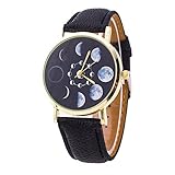 LYMFHCH Moon Phase Astronomy Space Watch Unisex Leather Quartz - Black Gold (Black)