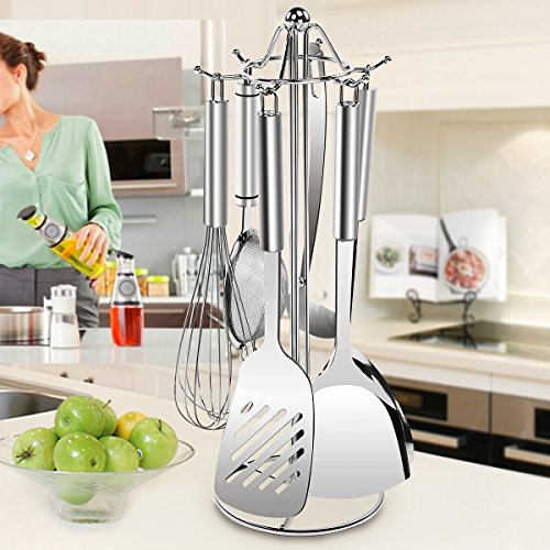 SINGAYE Utensil Stand Kitchen Tools Rack 304 Stainless Steel Holders 16.1 inch, 6 Hooks for Spoon,Soup Ladle,Pasta Server, Spatula etc.