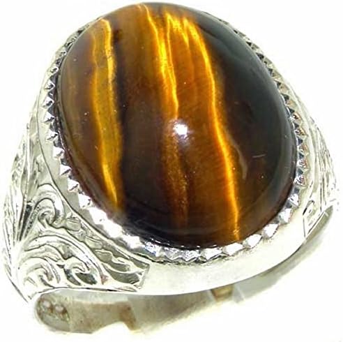 Gents Solid Sterling Silver Natural Tigers Eye Mens Signet Ring - Sizes 6 to 13 Available