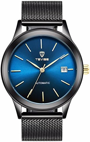 PHCOOVERS Men's Simple Analog Automatic Mechanical Stainless Steel Black Mesh Band Watch with Auto Date
