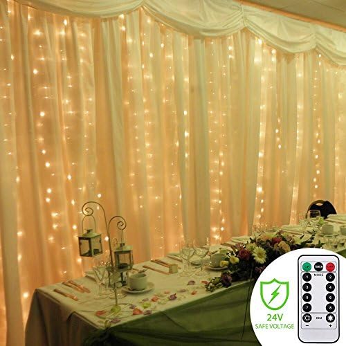 Timer Remote Window Icicle Curtain Lights Lebefe Low Voltage 24V Christmas Fairy String Lgihts Backdrops for Wedding Home Decoration Warm White (300 leds 9.84ft x 9.84ft)