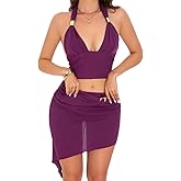 EHSUYAB 2000s Women Sexy 2 Piece Outfit, Deep V Backless Crop Top Bodycon Mini Skirt Set, Summer Going Out Date Festival Club