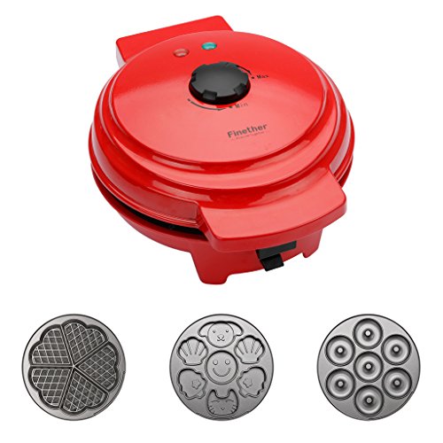 Finether Mini 3-in-1 Non-Stick Snack Maker, Aluminum Multi-Plate Waffle Iron for Donuts Heart-Shaped Waffles Cartoon Cakes, Adjustable Temperature, Easy to Clean, Cord Wrap & Cool Touch Handle, Red
