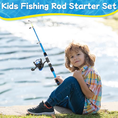 Starvortex Kids Fishing Rod Starter Set Fishing Reel Bait Line Hook Bag Portable Starter Kit Ideal for Beginners Outdoor Toy or Gift