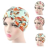 Ever Fairy Womens Floral Print Cotton Turban Chemo Sleep Cap,Turban Hat Cap Hair Wrap (3 Colors(Print Blue+Pink+Beige))