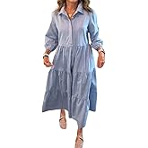 chouyatou Women's Loose Fit Puff Sleeve Maxi Tiered Babydoll Dress V-Neck Cotton Long Button Down Dress