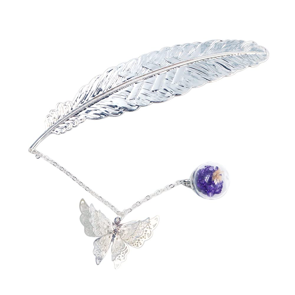 Alnicov Metal Feather Bookmark with 3D Butterfly Pendant,a Unique Gift for Book Lovers Reader or Librarian(Silver)