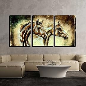 3 Piece Canvas Wall Art - Illustration - Freehand Illustration Horse Painting - Modern Home Art Stretched and Framed Ready to Hang - 16"x24"x3 Panels